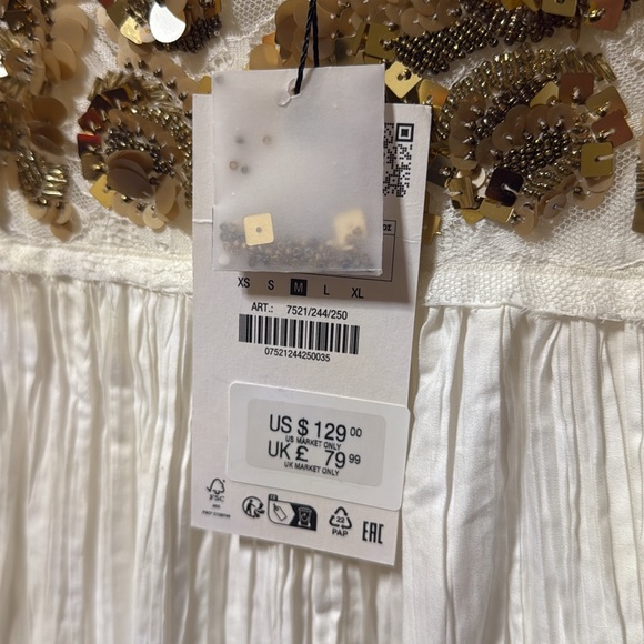 NWT Zara | White Gold Midi A-Line Skirt beaded bead lace - Picture 8 of 16